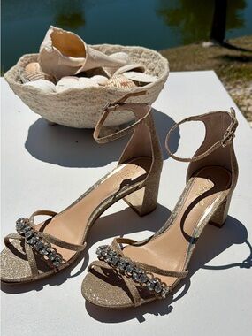 Badgley Mischka Gold Glitter Block Heel Sandals with Crystal Strap